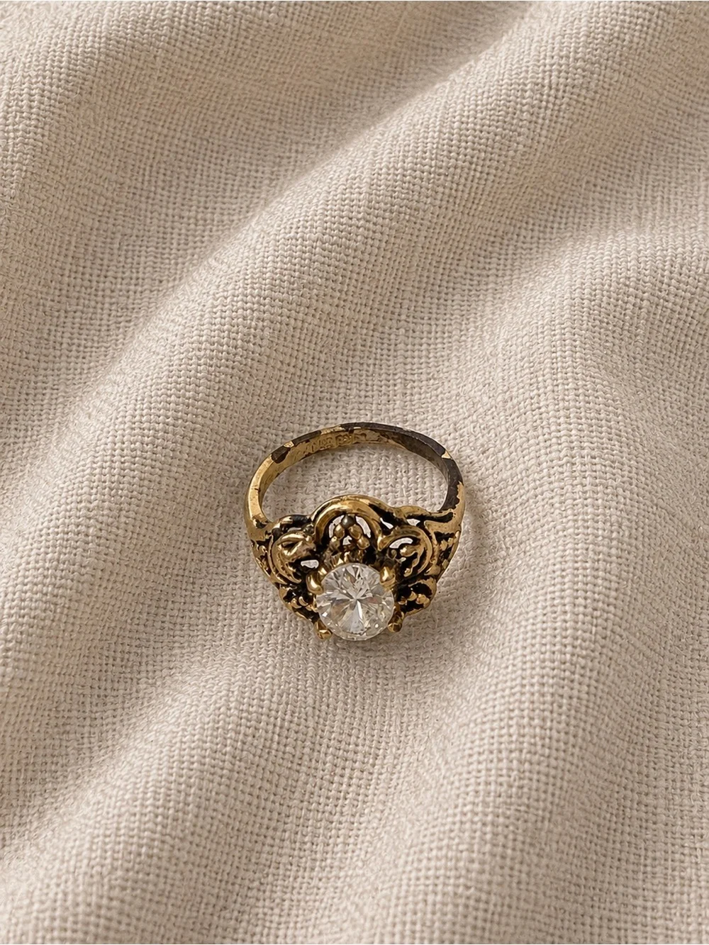 Antique Victorian 14K GE ESPO Gold Ring Oval Stone Floral Size 5.5